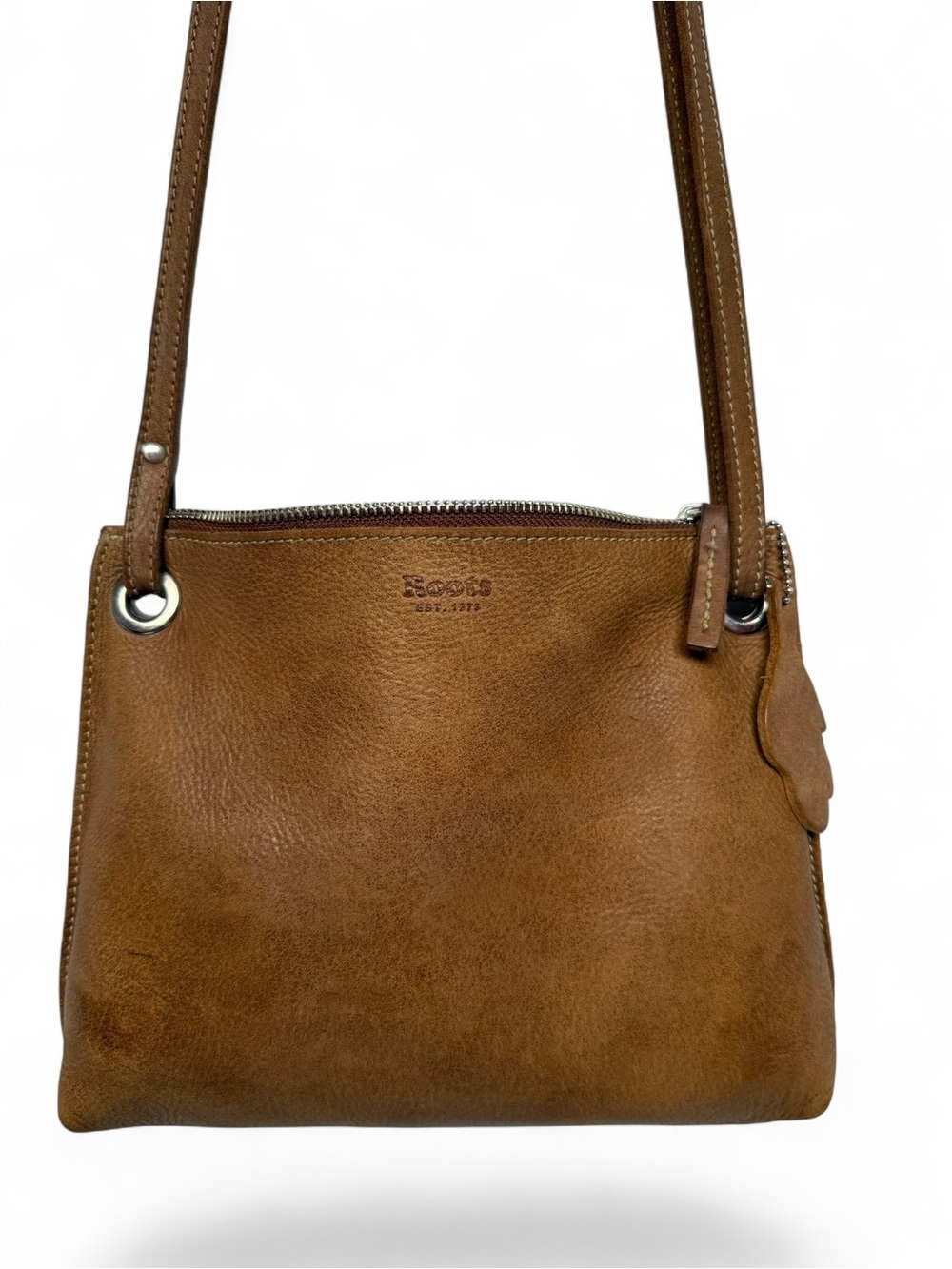 Roots Genuine Leather Brown Crossbody Shoulder Bag Distressed Cognac